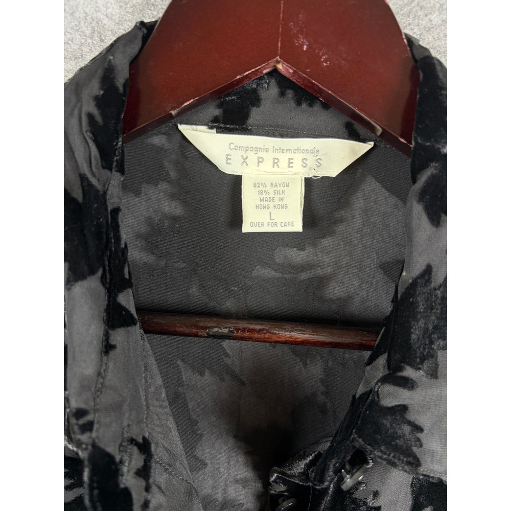 Vintage Express Silk Blend Velvet Burnout‎ Leaf Blouse Black Grey Large Devore - Picture 3 of 10